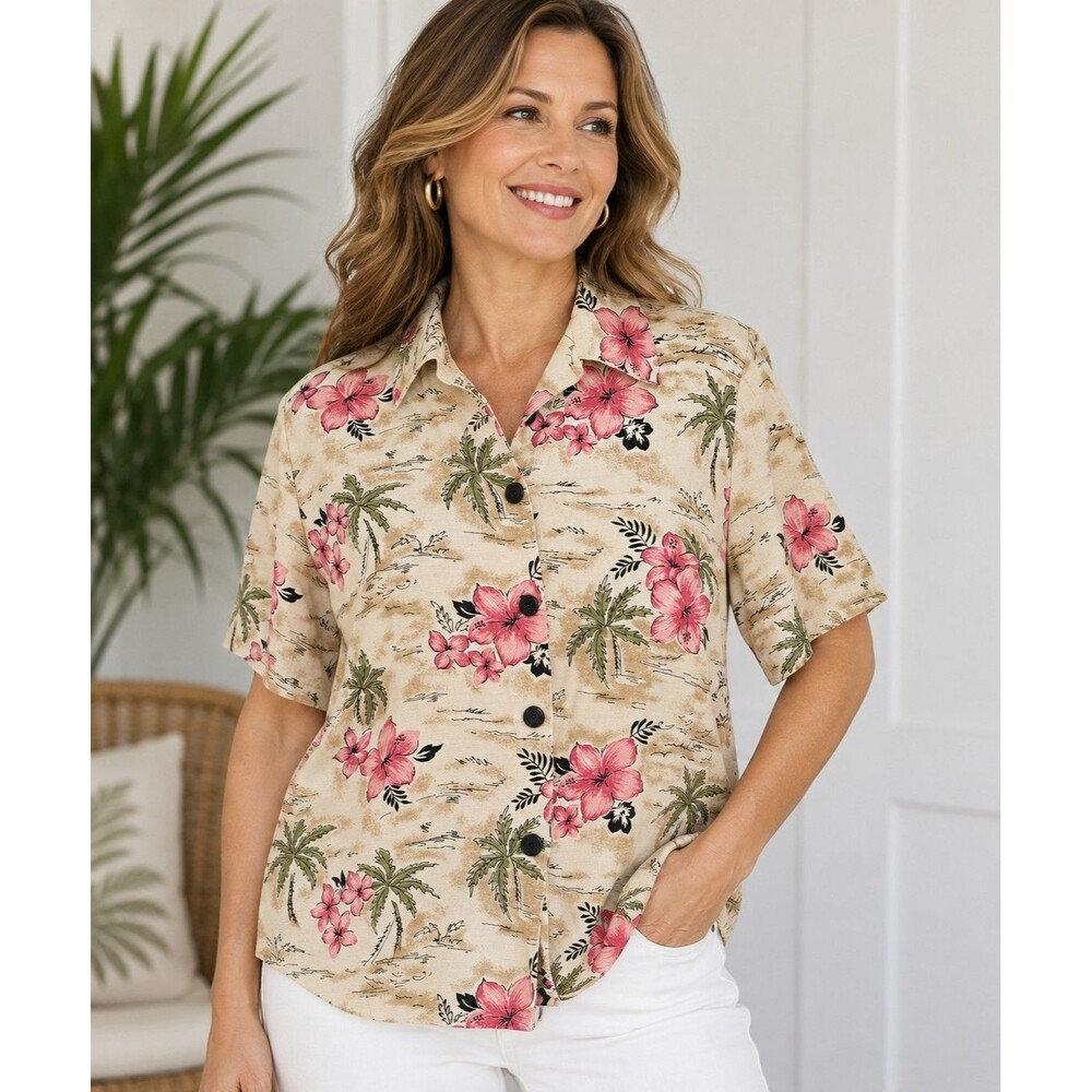 C.B. Collections Petite L Tropical Hawaiian Blouse Rayon Floral Made USA